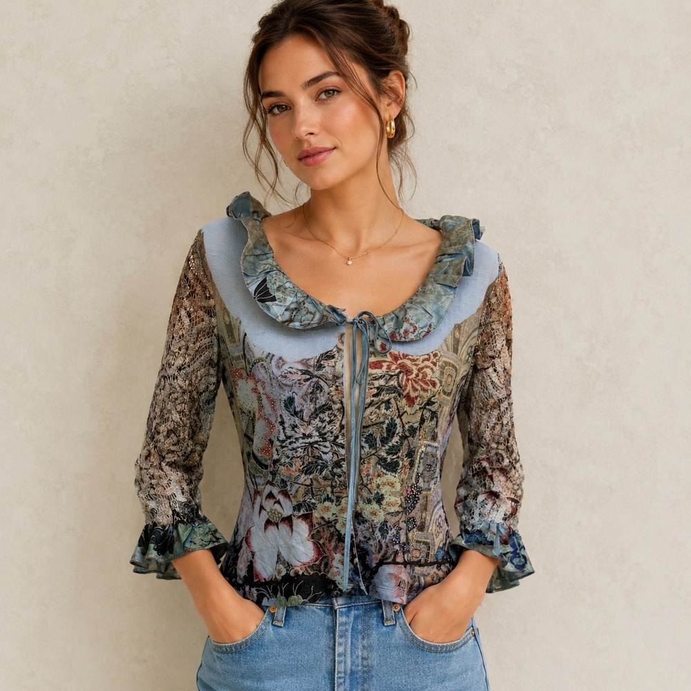 B.L.E.U. Cardigan XL Blue Floral Lace Ruffle Trim Tie Front Whimsigoth Fairy